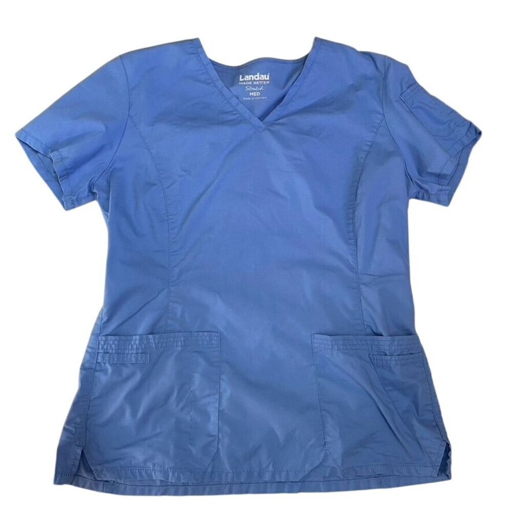 Landau Stretch V-Neck Scrub Top Ceil Blue 4 Pockets Healthcare Nurses Uniform